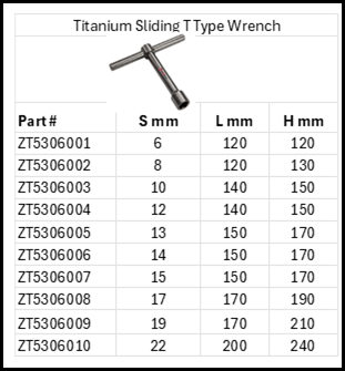 Zapworx Titanium Sliding T Type Wrench