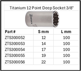 Zapworx Titanium 12 Point Deep Socket 3/8" Sizes