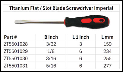 Zapworx Titanium Slot Flat Blade Screwdriver Imperial Size