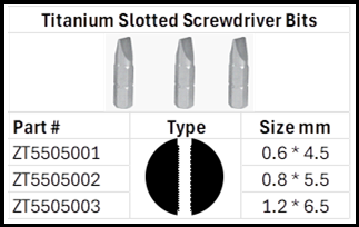 Zapworx Titanium Slot Screwdriver Bits Sizes