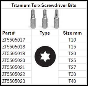 Zapworx Titanium Torx Screwdriver Bits Sizes